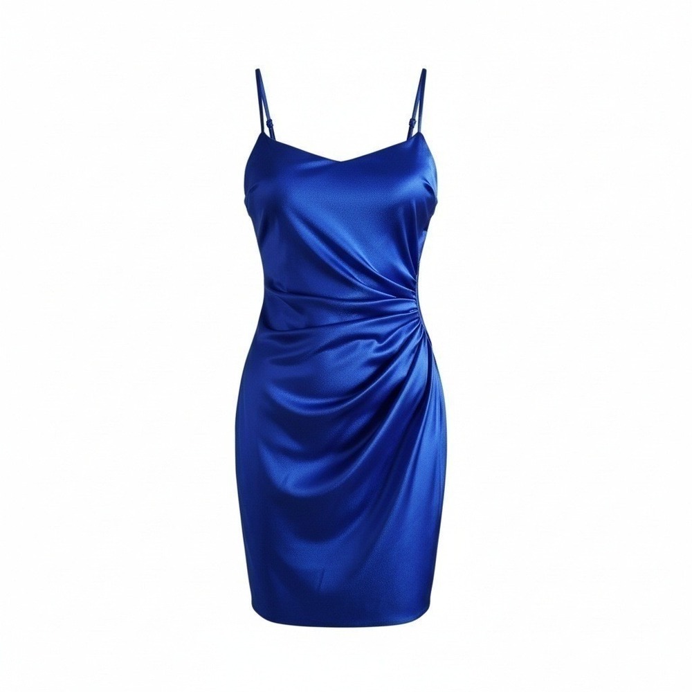 Boubou Bodycon Dress Women Small Royal Blue Ruched Satin Cocktail Mini Party